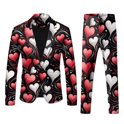 Men Fashion Casual Valentine Party Letter Heart Shape 3D Print Long Sleeve Lapel Suit Trousers Set