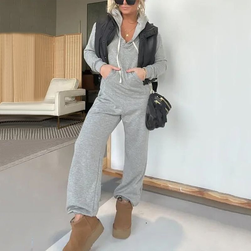 Autumn Winter Women Fashion Casual Solid Color V-Neck Long Sleeve Hooded Jumpsuits