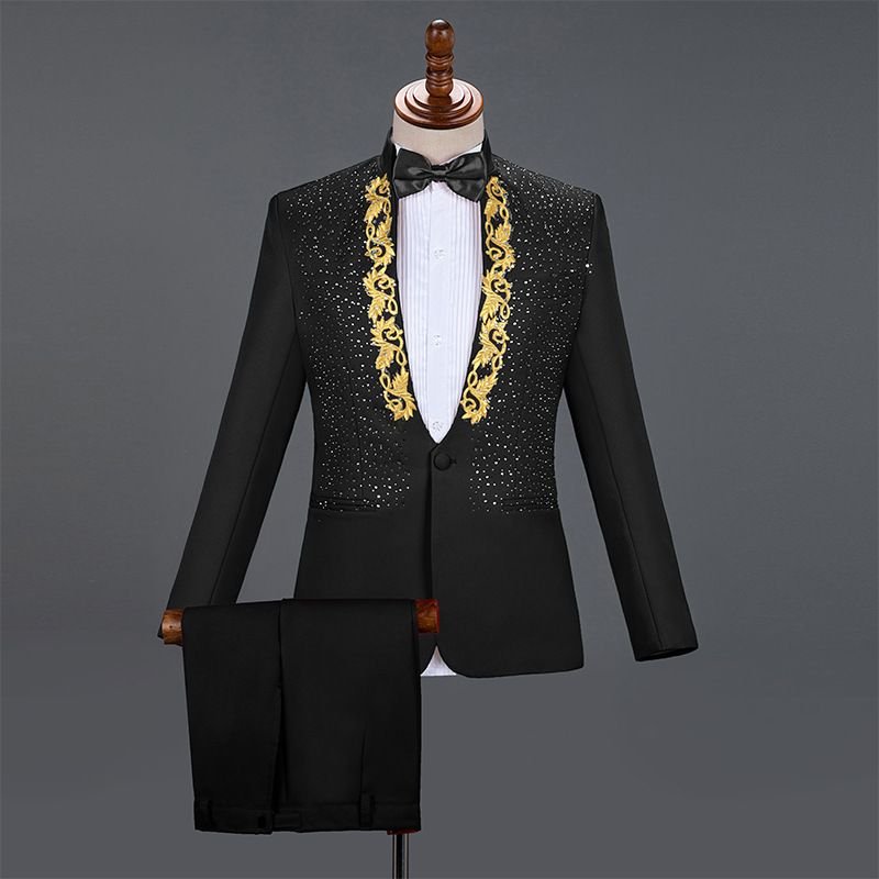 Men Fashion Casual Party Sequins Long Sleeve Stand Collar Suit Trousers Set