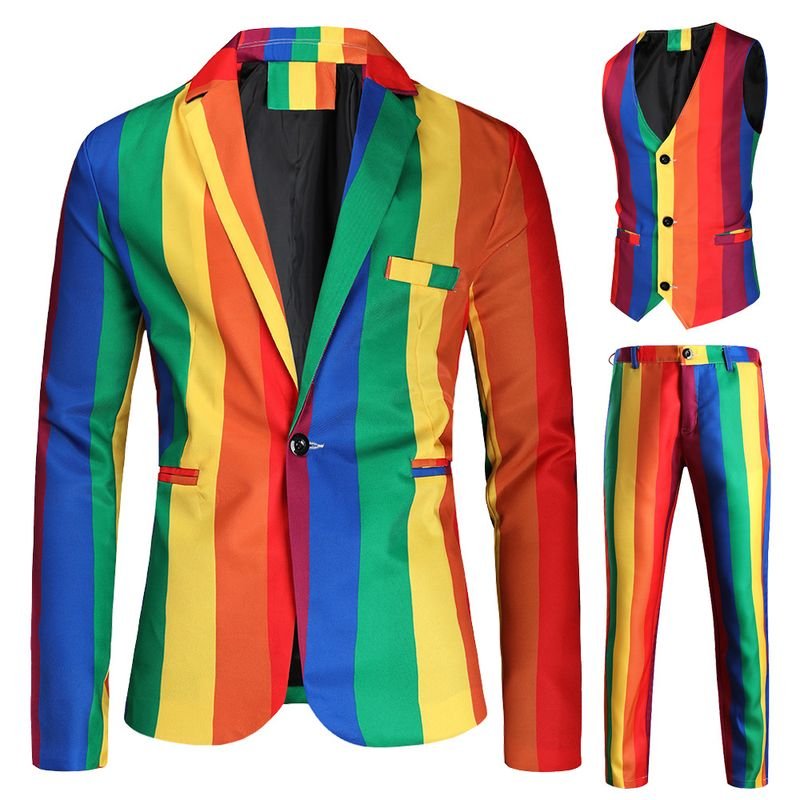 Men Fashion Casual Party Rainbow Stripe Plus Size Vest Long Sleeve Lapel Suit Trousers Three-Piece Set