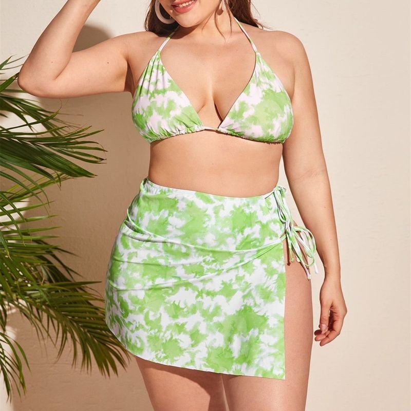 Women Plus Size Summer Vacationg Three-Piece Bikini Tie Dye Print Skirt Split Swimsuit