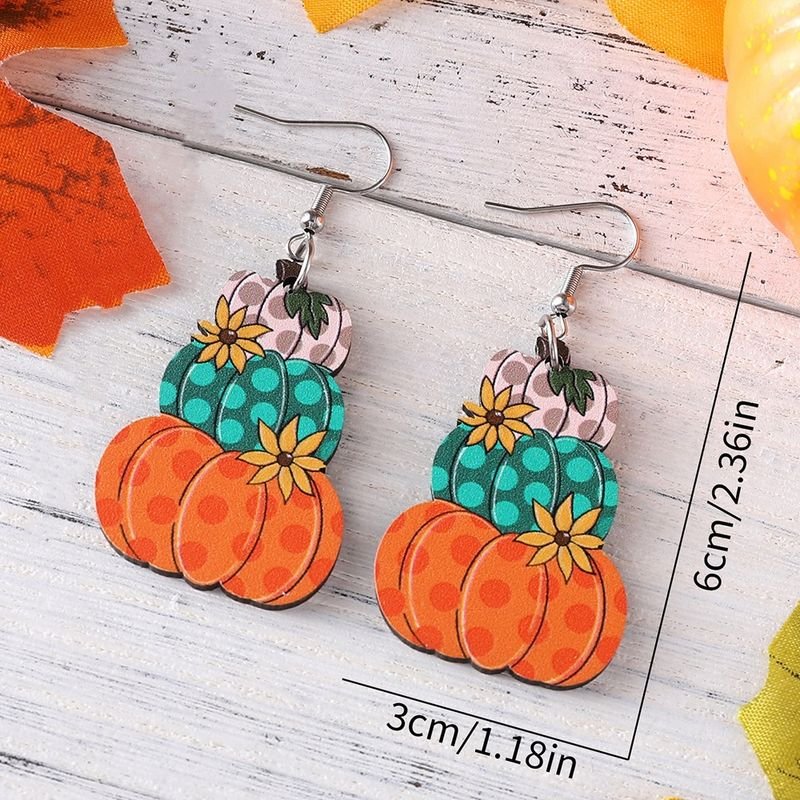 Thanksgiving Women Cartoon Plaid Pumpkin Floral Wooden Double-Sided Earrings