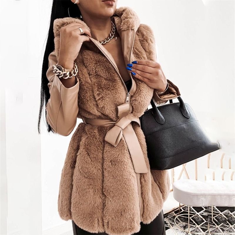 Plus Size Faux Fur Coat Women Winter Warm Hooded Solid Color Plush Zipper Jacket Coat