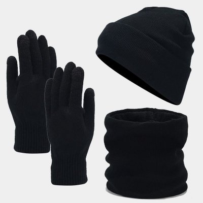 Autumn Winter Women Simple Fleece-Lined Warm Knitted Hat Scarf Gloves Three-Piece Set