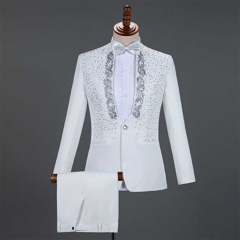 Men Fashion Casual Party Sequins Long Sleeve Stand Collar Suit Trousers Set