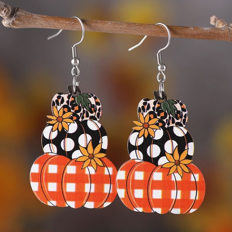 Thanksgiving Women Cartoon Plaid Pumpkin Floral Wooden Double-Sided Earrings