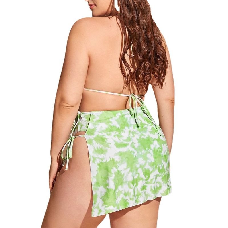 Women Plus Size Summer Vacationg Three-Piece Bikini Tie Dye Print Skirt Split Swimsuit