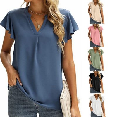 Women V-Neck Ruffled Cap Sleeves CasualSolid Color Chiffon Blouse