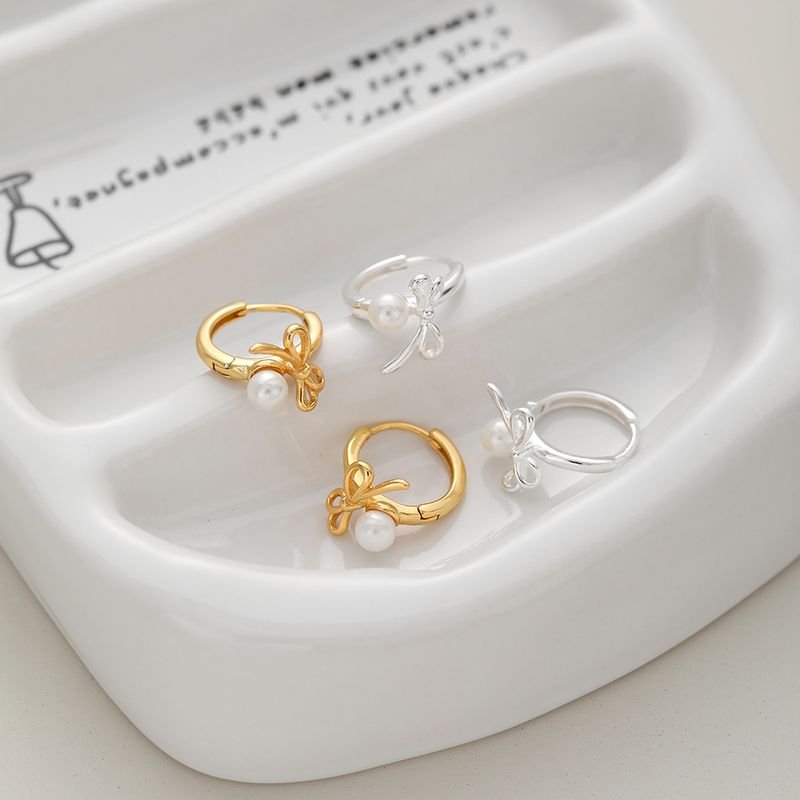 Women Fashion Simple Sterling Silver Bow Pearl Earrings