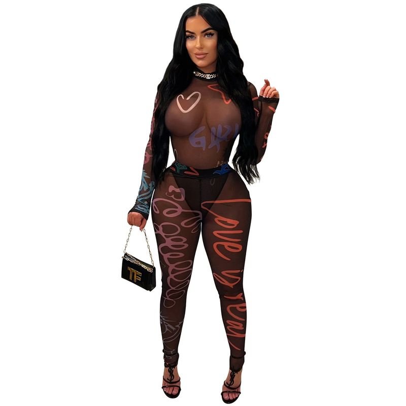 Women Fashion Sexy Print Perspective Long Sleeve Jumpsuits