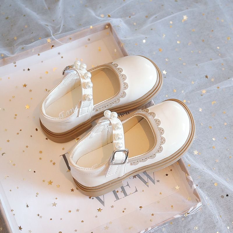 Kids Girls Casual Cute Square-Toe Pearl Velcro Flat Shoes