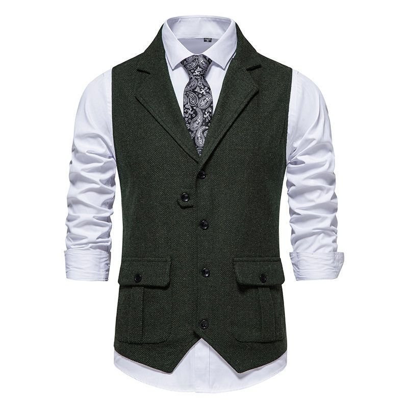 Men Fashion Casual Business British Style Solid Color Sleeveless Lapel Vest