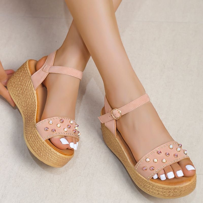 Women Summer Fashion Plus Size Pearl Embellished Platform Wedge Heel Sandals