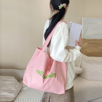 Women Simple Solid Color Letter Printing Large Capacity Canvas Shopping Bag