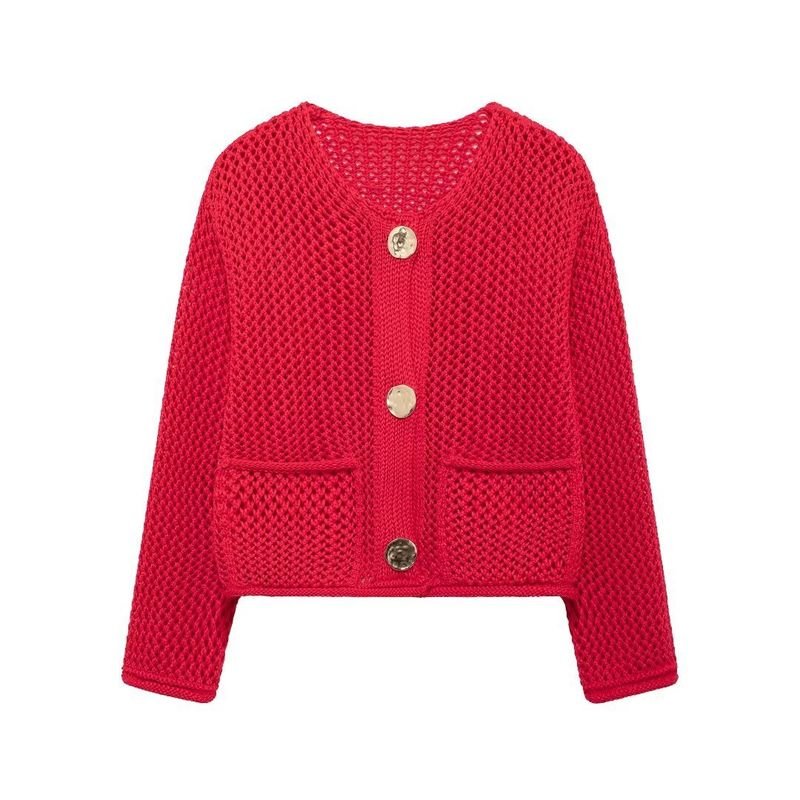 Autumn Winter Women Fashion Round Neck Hollow Long Sleeve Knitted Sweater Coat