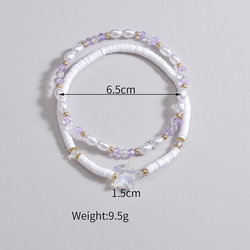 Women Fashion Acrylic Starfish Pearl Crystal Soft Ceramic Elastic Anklet 2 Piece Set