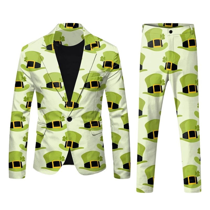 Men Fashion Casual Party St. Patrick Day 3D Print Long Sleeve Lapel Suit Trousers Set