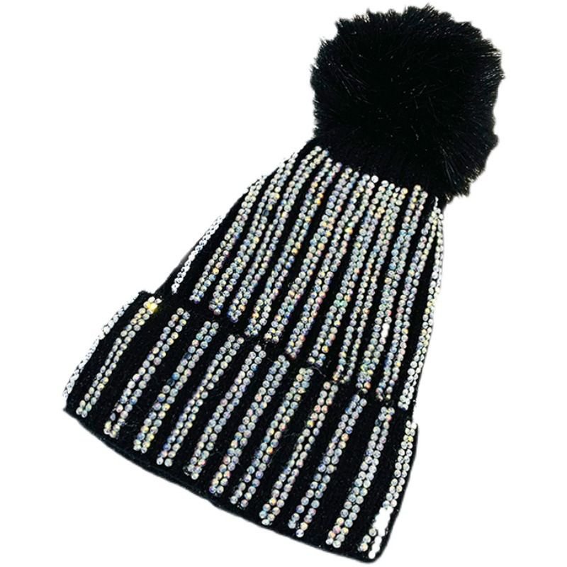 Autumn Winter Women Fashion Fur Ball Rhinestone Warm Knitted Wool Hat