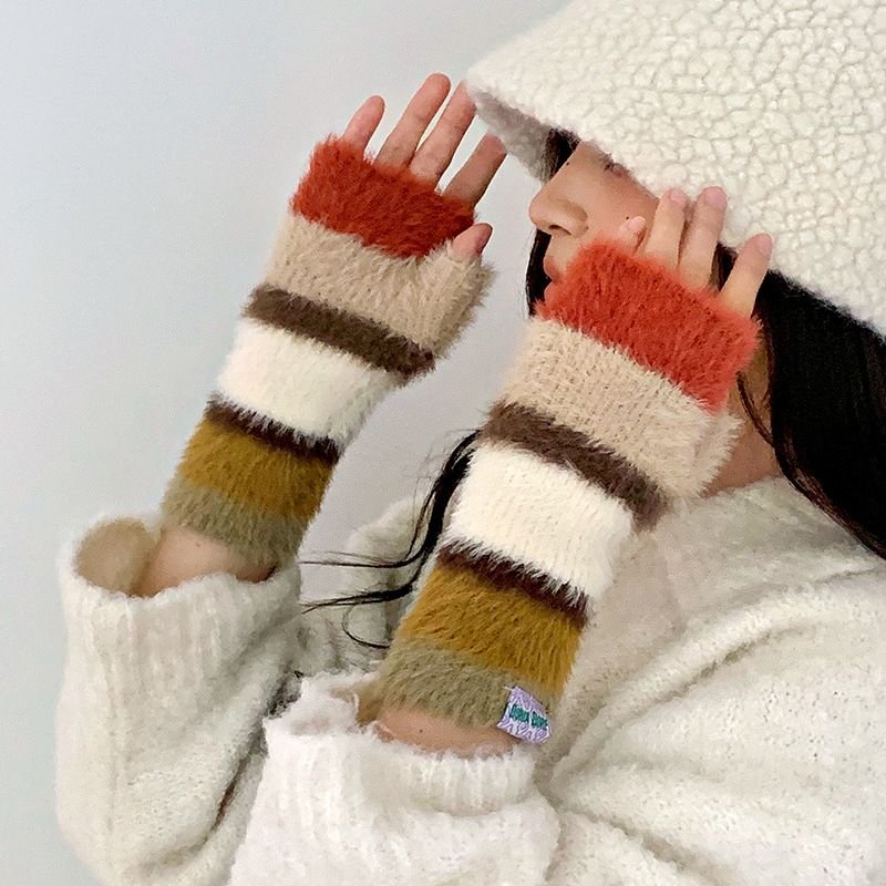 Autumn Winter Women Fashion Rainbow Warm Knitted Half Finger Gloves