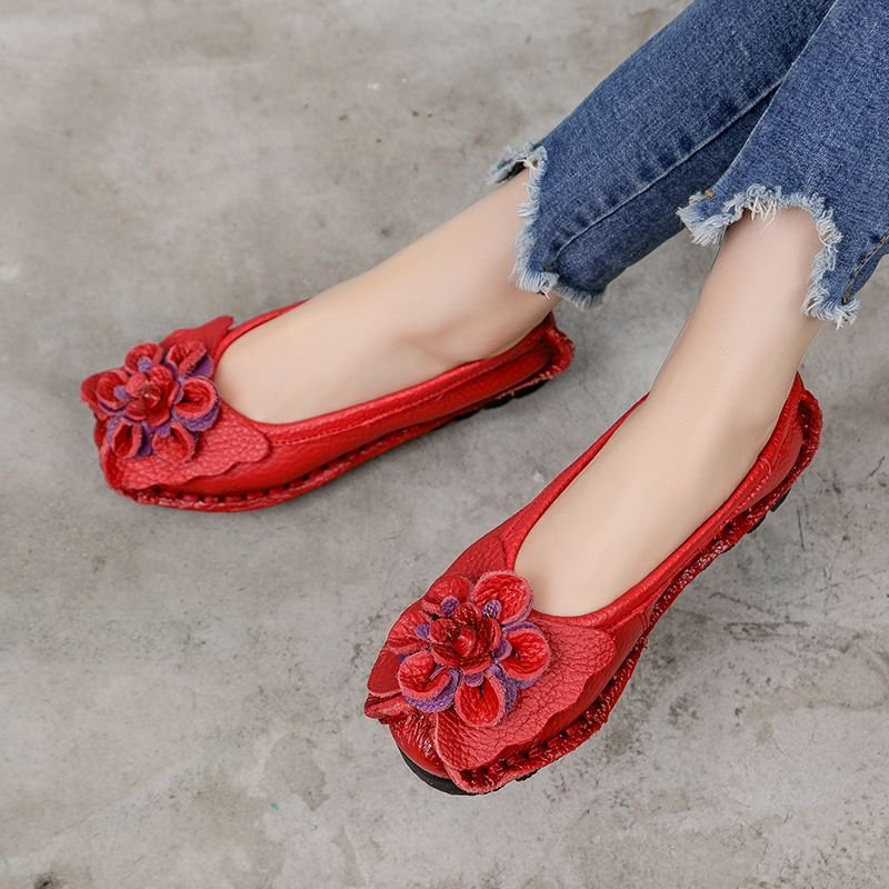 Soft Genuine Leather Flat Shoes Women Flats With Flowers Design Loafers