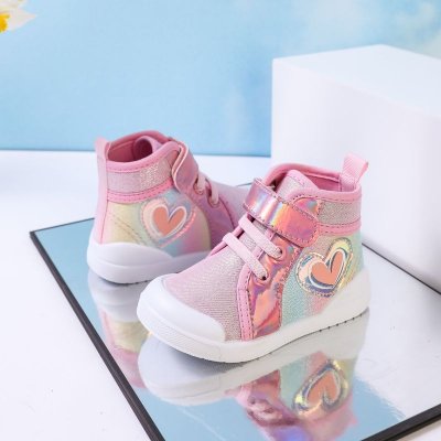 Kids Girls Casual Cute Sweet Heart Shaped Pattern Velcro Lace-Up Flat Canvas Sneakers