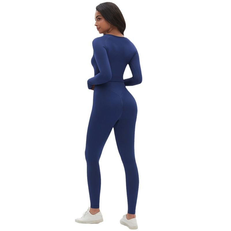 Women Simple Solid Color Long-Sleeved Tight Sports Fitness Yoga Top Pants Two-Piece Set