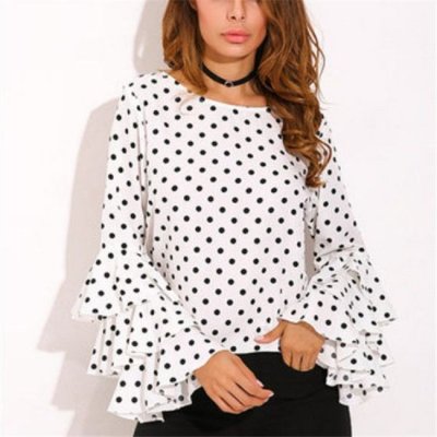 S-5XL Women Casual Polka Dot Print Round Collar Chiffon Blouse