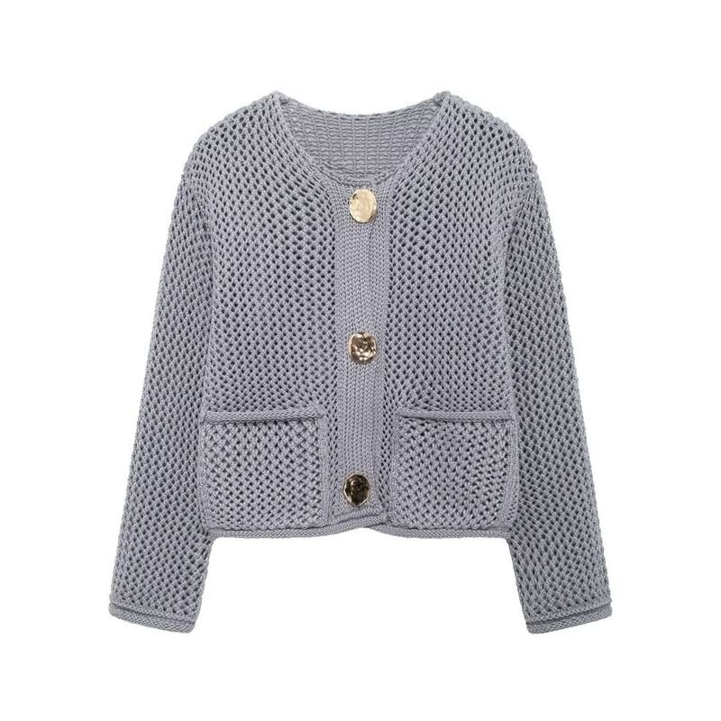 Autumn Winter Women Fashion Round Neck Hollow Long Sleeve Knitted Sweater Coat