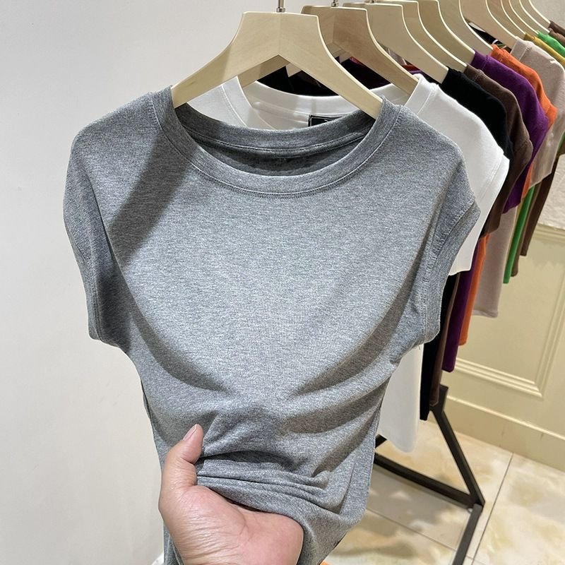 Cap Sleeve Loose Short-Sleeved Women Summer Slim-Fit Basic Crew Neck Spandex T-Shirt