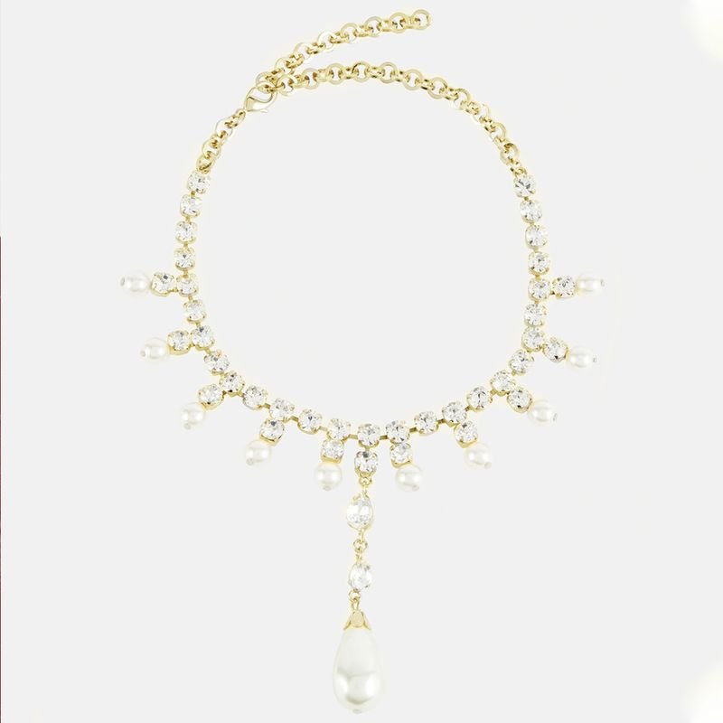 Women Fashion Simple Pearl Pendant Rhinestone Tassel Necklace