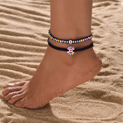 Women Fashion Resin Heart-Shaped Multicolor Beads Waterproof Wax Thread Woven Anklet 2-Piece Set