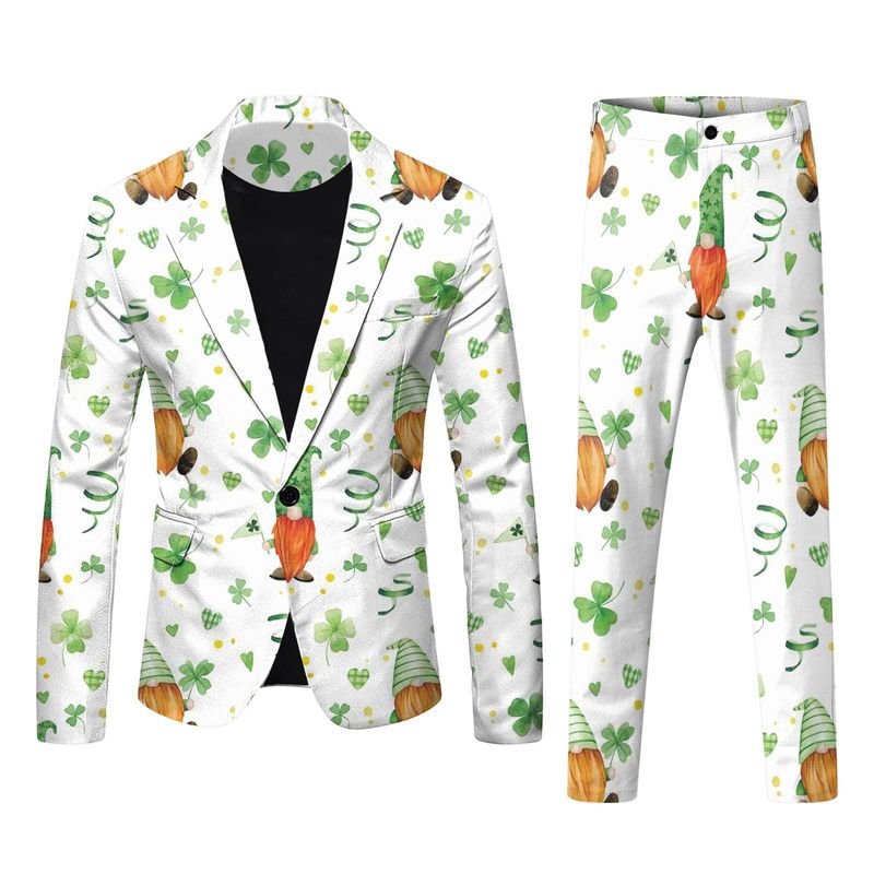 Men Fashion Casual Party St. Patrick Day 3D Print Long Sleeve Lapel Suit Trousers Set