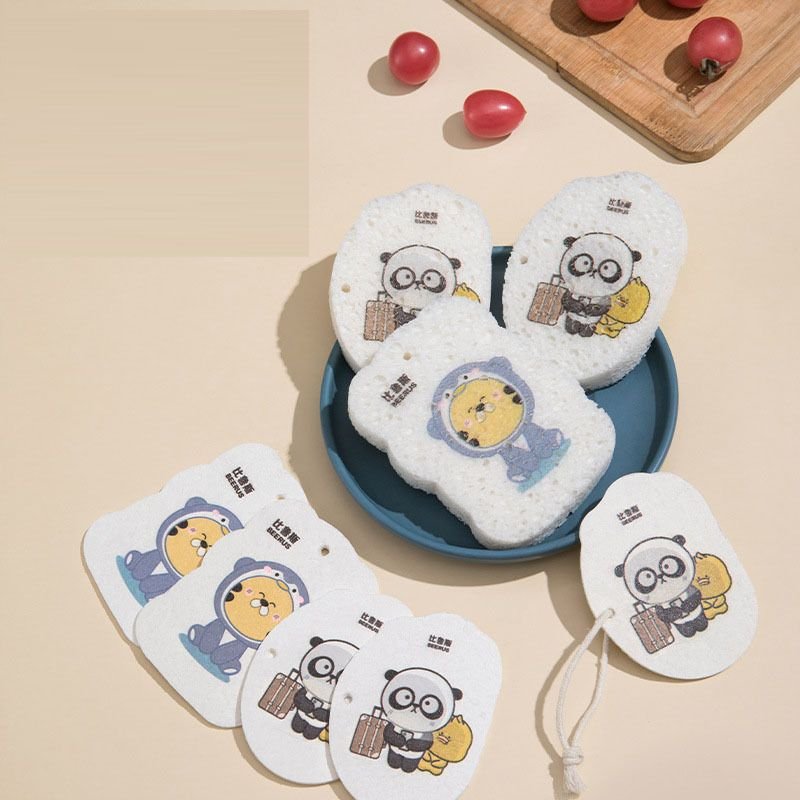 Fashion Creative Compressed Dishwashing Wood Pulp Cotton Cartoon Sponge Brush