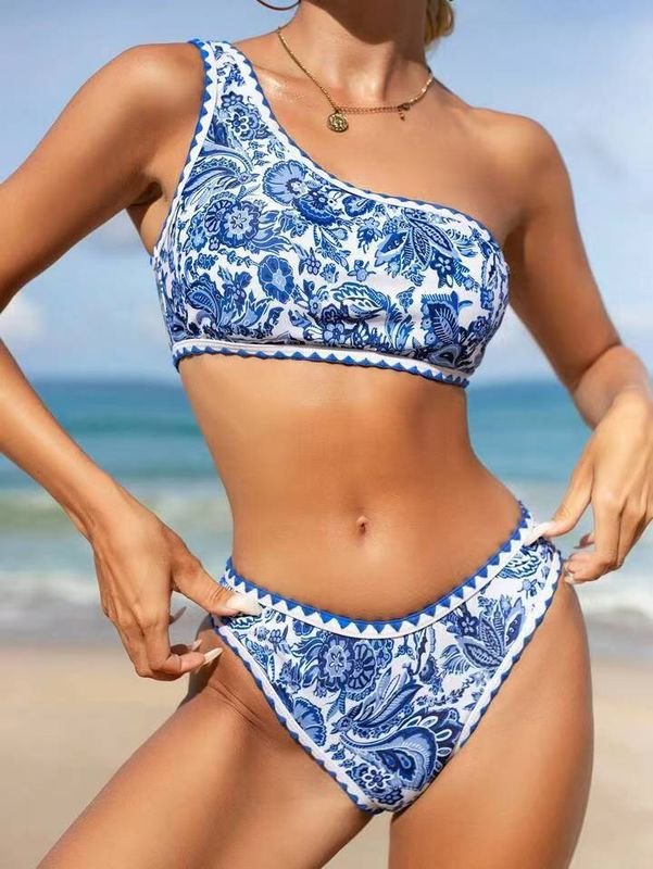 Women Summer Vacation Sexy One Shoulder Blue And White Porcelain Printed Bikini Swimsuit