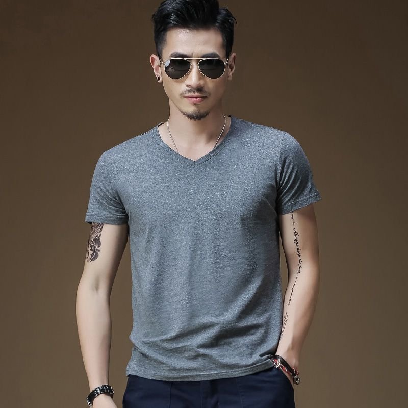 Short-Sleeved Polyester T-Shirt Men V Neck Slim-Fit Solid Color Logo Custom