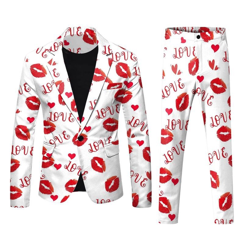 Men Fashion Casual Valentine Party Letter Heart Shape 3D Print Long Sleeve Lapel Suit Trousers Set