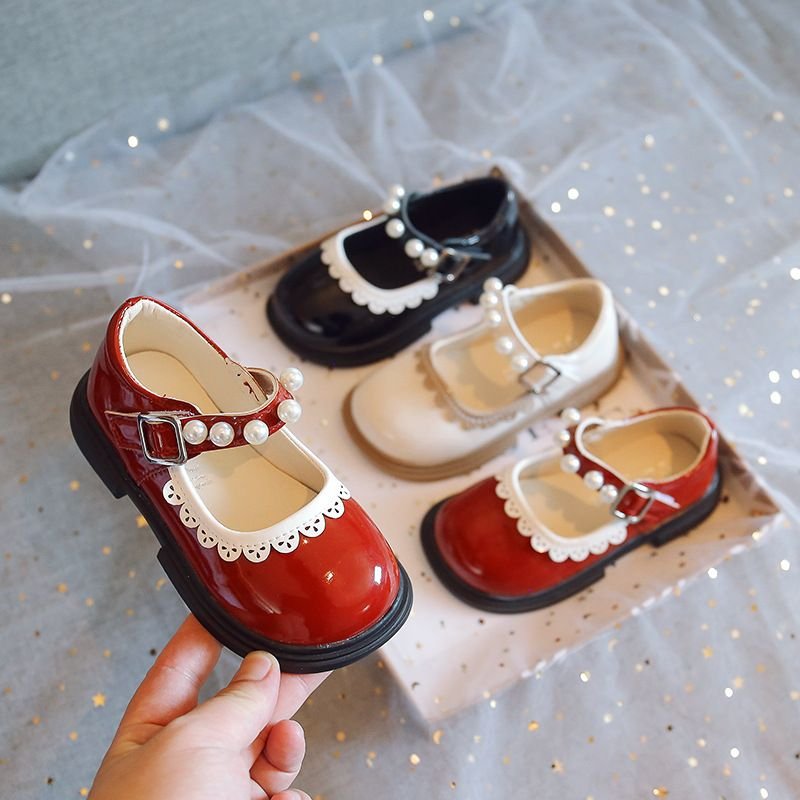 Kids Girls Casual Cute Square-Toe Pearl Velcro Flat Shoes