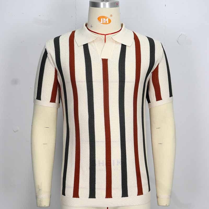 Men Fashion Casual Basic Stripe Knitted Short Sleeve Lapel POLO Shirt