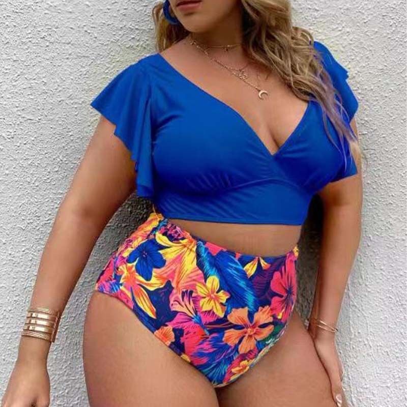 Plus Size Split Bikini Push Up Ruffle Tropical Floral Printed High Waist Swimsuit Women