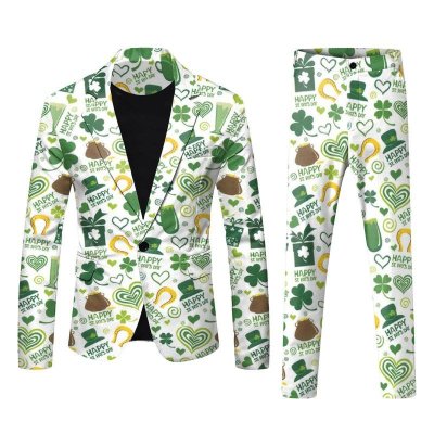 Men Fashion Casual Party St. Patrick Day 3D Print Long Sleeve Lapel Suit Trousers Set