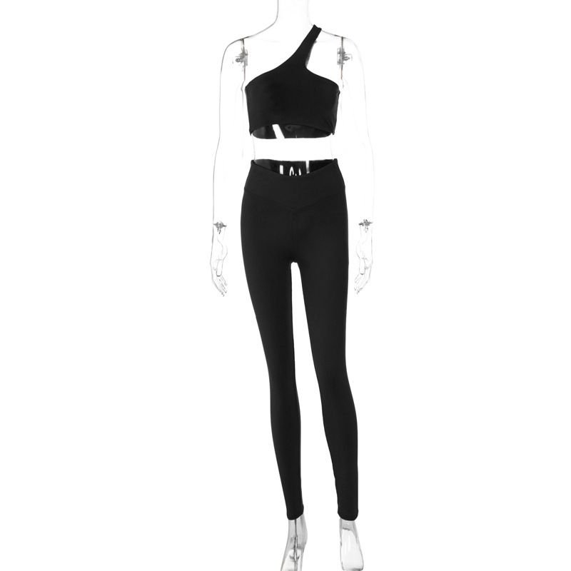 Women Fashion Sexy Sports Yoga Oblique Shoulder Top Hip Pants Two-Piece Set