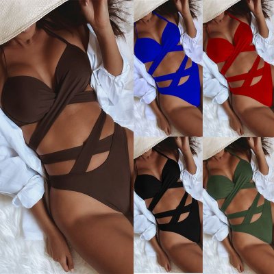 Solid Color Sexy Women Split Swimsuit High Waist Strap Bandage Bikini