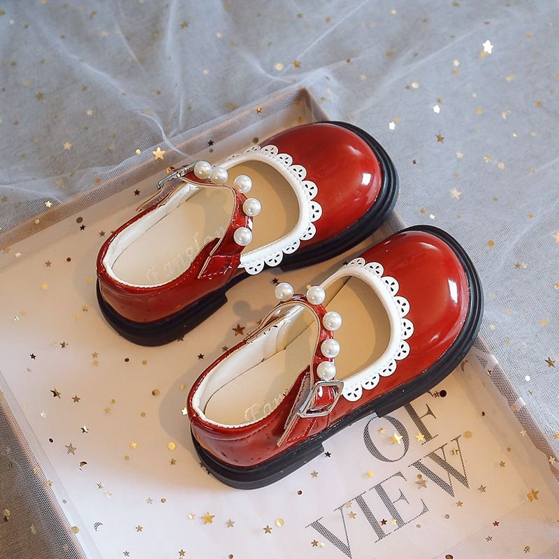 Kids Girls Casual Cute Square-Toe Pearl Velcro Flat Shoes