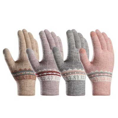 Autumn Winter Women Fashion Thickened Warm Knitted Jacquard Touch Screen Gloves