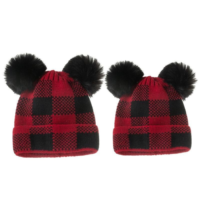 Autumn Winter Simple Fashion Plaid Wool Ball Warm Knit Parent-Child Wool Hat