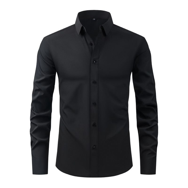 Men Fashion Casual Business Basic Solid Color Long Sleeve Lapel Shirt