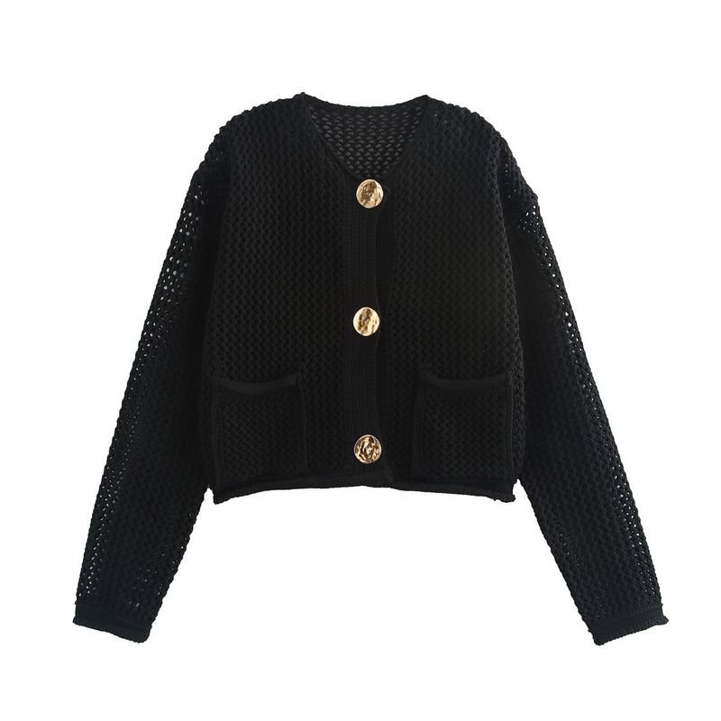 Autumn Winter Women Fashion Round Neck Hollow Long Sleeve Knitted Sweater Coat