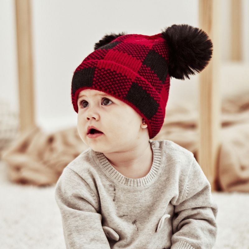 Autumn Winter Simple Fashion Plaid Wool Ball Warm Knit Parent-Child Wool Hat