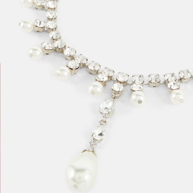 Women Fashion Simple Pearl Pendant Rhinestone Tassel Necklace