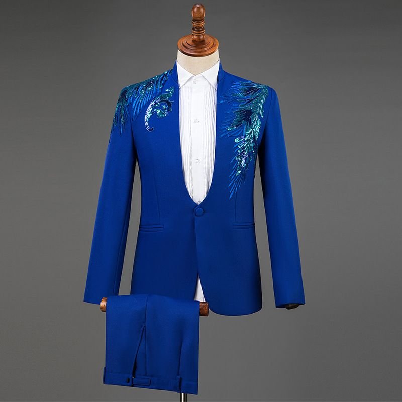 Men Fashion Casual Party Sequins Long Sleeve Stand Collar Suit Trousers Set